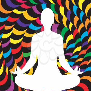 A male lotus position silhouette on abstract spiral background