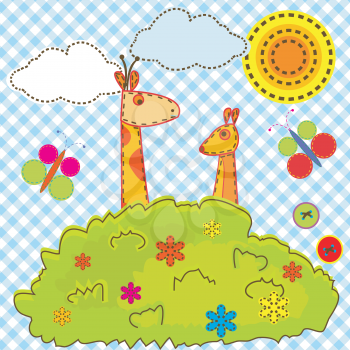 Sewing cartoon background for kids with giraffe and kangaroo