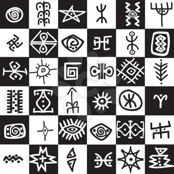 Black and white squares background with ethnic motifs