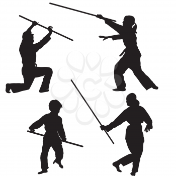 Aikido kids silhouettes with weapons