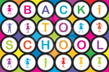  BACK TO SCHOLL colorful background with round shapes and cartoon kids