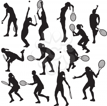 Set of silhouettes of the women who play tennis