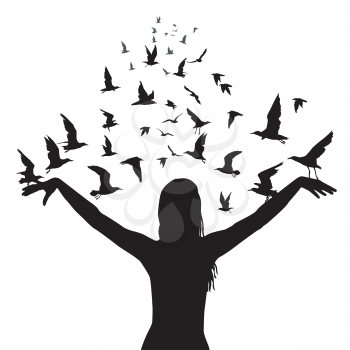 Learning to fly abstract concept with silhouettes of woman and birds
