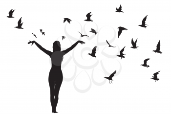 Silhouette of girl and birds; learning to fly abstract concept