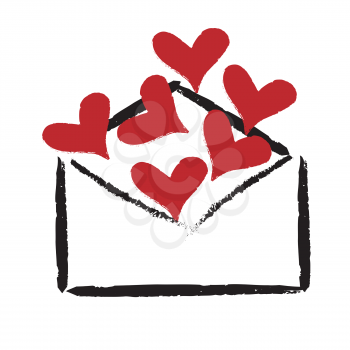 Red hearts in the envelope on white background