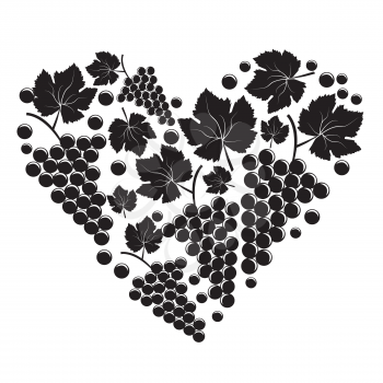 Bunch of grapes in the form of heart on white background