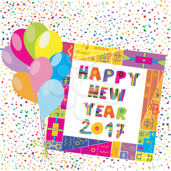 Greeting card Happy New Year 2017 frame with colorful balloons and confetti
