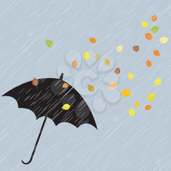 Rainy autumn background with umbrella and leaves