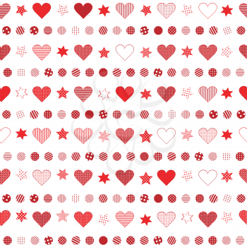 Seamless background with patterned red hearts, dots and stars