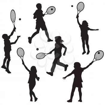 Silhouettes of children playing tennis