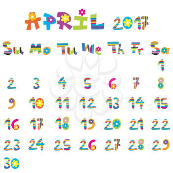 Cute April 2017 calendar for kids