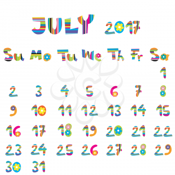 Cute July 2017 calendar for kids