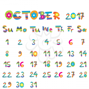 Cute October 2017 calendar for kids