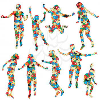 Children silhouettes jumping made of  floral pattern
