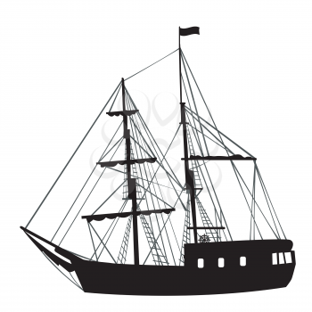 Silhouette of a black sailing ship on white background