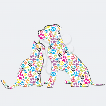 Silhouettes of cat and dog patterned in colored paws
