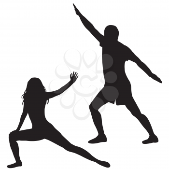 Silhouettes of man and woman practicing yoga on white background