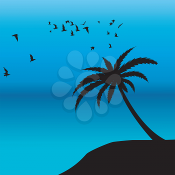Palm silhouette and birds flying on the shore