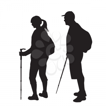 Silhouettes of two hikers with backpacks on white background