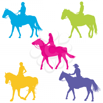 Colorful silhouettes of horse riders on white background