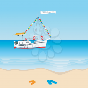 Summer holiday 2020 concept with sailboat in the sea and slippers on the beach