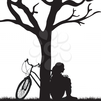 Woman and bicycle leaning against a tree