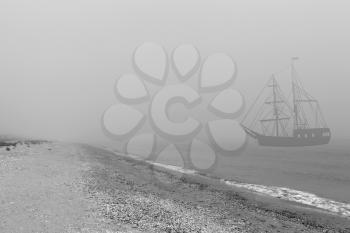 Ship silhouette in mist