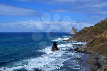 View to the Benijo beach with rocks in the ocean Tenerife, Spain