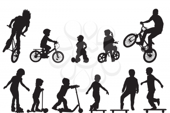 Active kids silhouettes with roller skates, scooters, tricycle,bicycles and skateboards