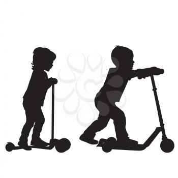 Children silhouettes learn to ride scooter 