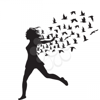 Silhouette of young woman jumping with birds flying from her, abstract illustration
