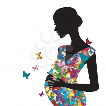 Stylized pregnant woman with colored butterflies pattern dress