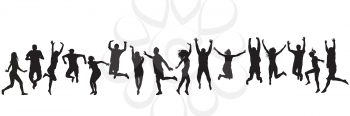 Silhouettes of happy man and woman jumping