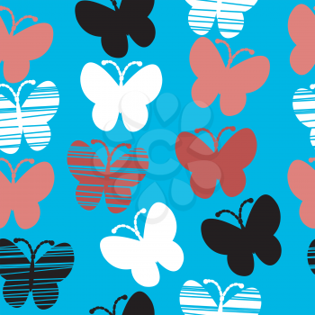 Stylized butterflies on blue background, seamless pattern
