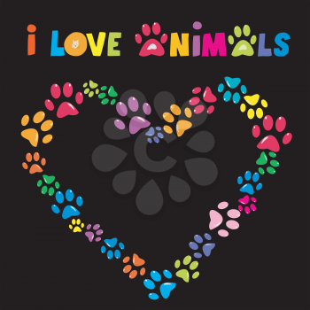 I love animals card with colorful paw prints heart frame