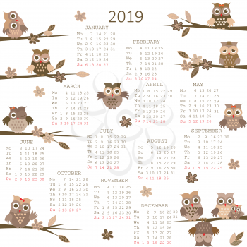 2019 Calendar with owls