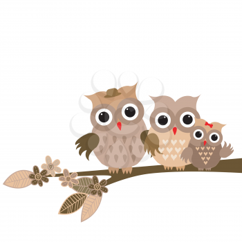 Cute cartoon owls family on white background