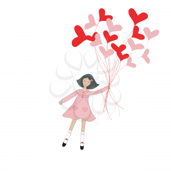 Cute cartoon girl flying with hearts shape balloons