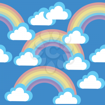 Cartoon blue sky with clouds and rainbows