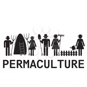 Permaculture concept with farmers using agricultural tools