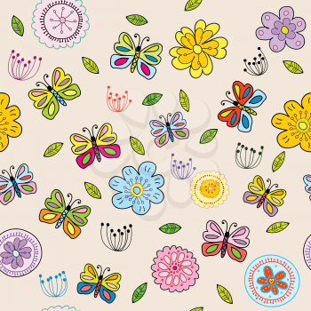 Seamless pattern with colored doodle flowers and butterflies