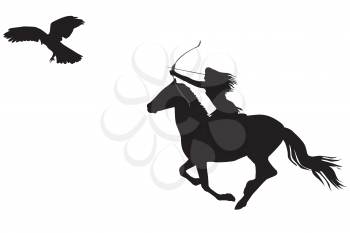 Silhouette of an amazon warrior woman riding a horse with bow and arrow 