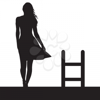 Woman silhouette with ladder on the roof. Suicide concept