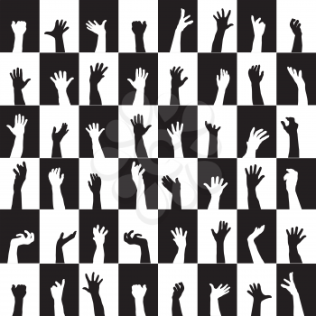 Background of black and white squares with hands silhouettes 