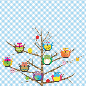Patchwork with cartoon owls on tree