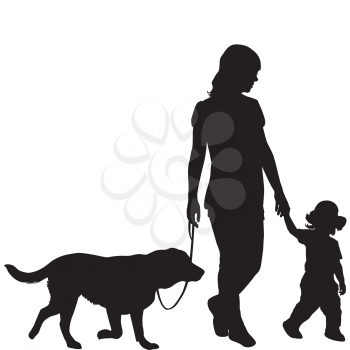 Silhouettes of woman with kid and dog walking