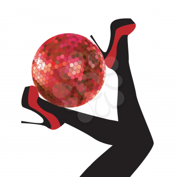 Woman legs with red shoes holding a disco ball 