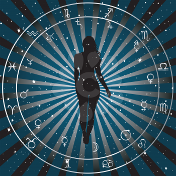 Astrological zodiac horoscope background with silhouette of woman. Astrology concept poster
