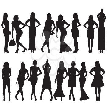 Collection of black silhouettes of beautiful women on white background