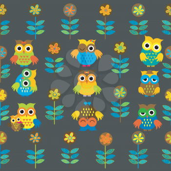 Seamless pattern with doodle flowers and cartoon owls